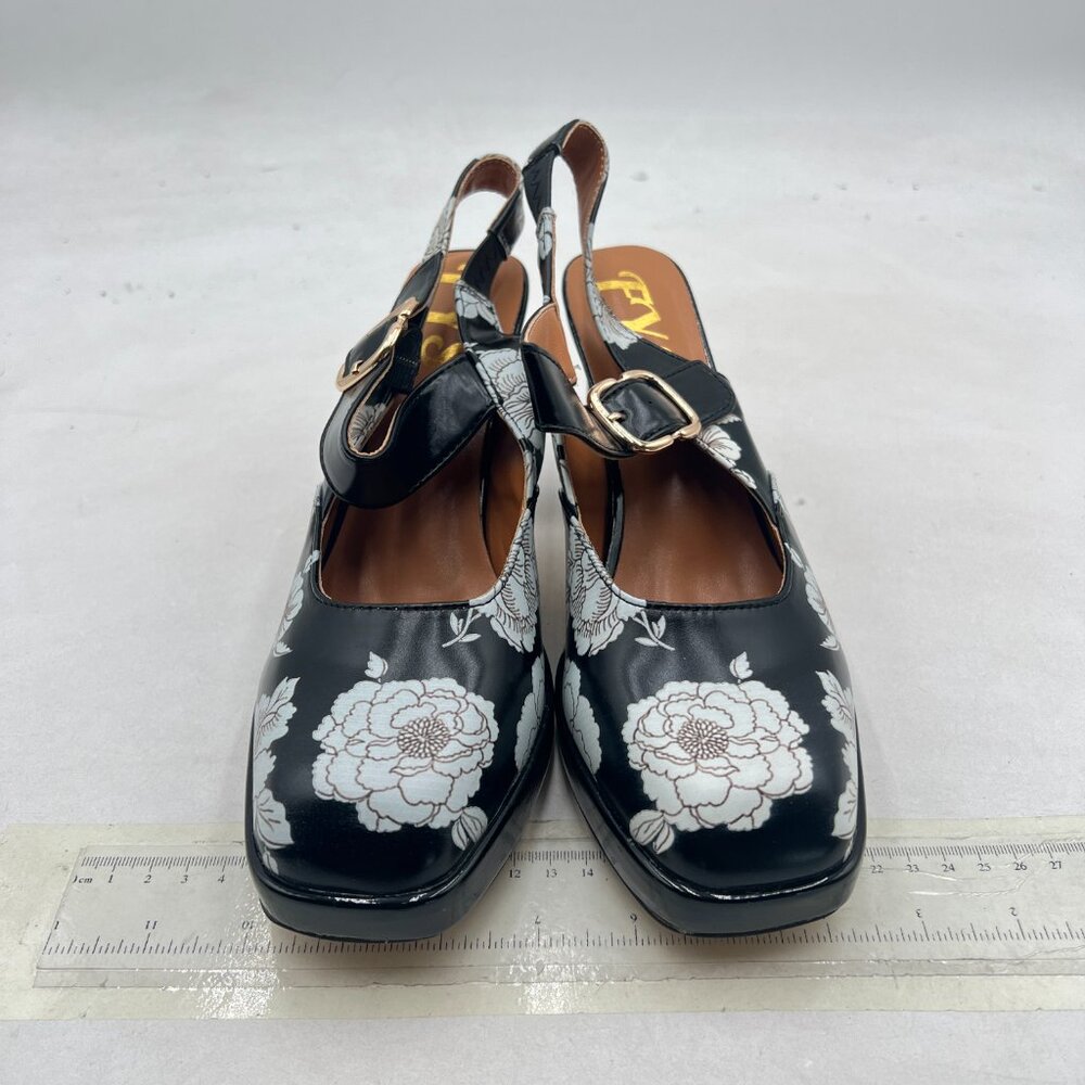 FYS Black Flower Platform Square Toe Chunky High Heel Mary Janes Slingback Pumps - Picture 3 of 8